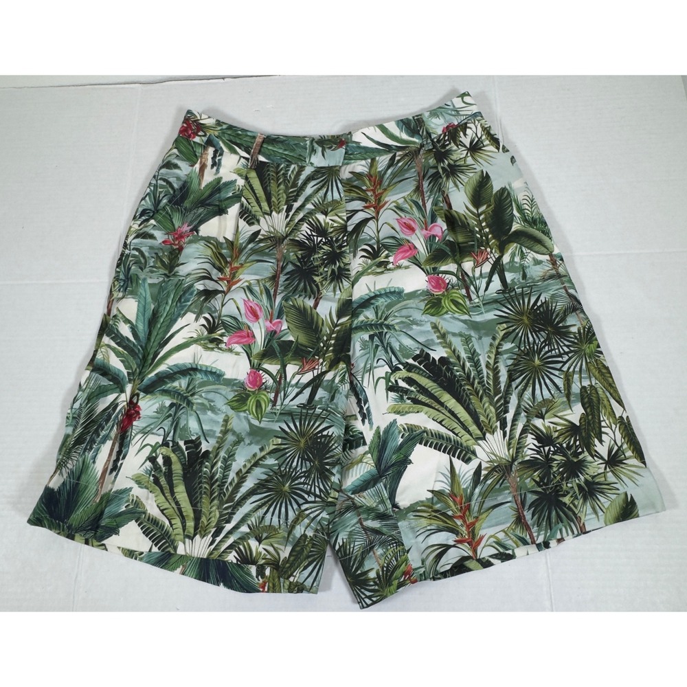 J.McLaughlin Tropical Palm Print Shorts Womens 8 Green New Pleated High Rise